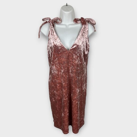 Blush Pink Crushed Velvet Mini Dress Tie Shoulder V-Neck Size 6 Stretchy Y2K - Picture 1 of 6